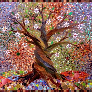 May include: A mosaic artwork depicting a stylised tree with white flowers and a brown trunk. The background is a colourful mosaic of various shapes and sizes.
