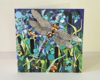 Dragonfly & Bulrushes Card - Dragonfly Card - Eco Friendly Card - Dragonfly Notecard - Mosaic Art Card - Butterfly Card - Nature Art Card