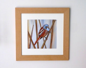 Framed Bearded Tit Mini Giclee Print from Original Mosaic Art - Framed Mosaic Print - Framed Bird Art Print
