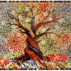 May include: A mosaic artwork depicting a stylised tree with white flowers and a brown trunk. The background is a colourful mosaic of circles and squares in shades of blue, green, orange, and red.