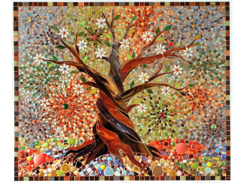 May include: A mosaic artwork depicting a stylised tree with white flowers and a brown trunk. The background is a colourful mosaic of circles and squares in shades of blue, green, orange, and red.