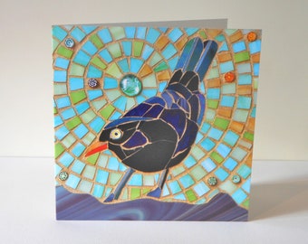 Cartão Melro em Azul - Cartão Melro - Arte em Mosaico - Cartão Pássaro - Cartão Corvo - Arte Pássaro - Arte Melro - Cartão Ecológico