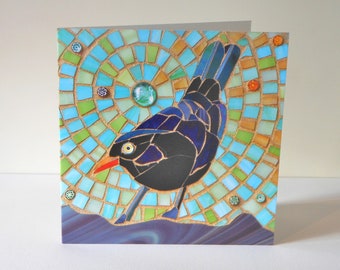 Blackbird on Blue Card - Blackbird Card - Mosaic Art - Bird Card - Crow Card - Bird Art - Blackbird Art - Eco-Friendly Card