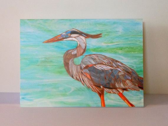Blue Heron Card - Greetings Card from Blue Heron Mosaic Art - Stained Glass Heron - Grey Heron Card - Heron Art Bird Lover Card