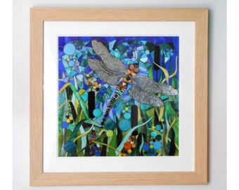 Framed Hawker Dragonfly Giclee Print from Original Mosaic Art - Dragonfly Art Print - Framed Bird Lover Gift