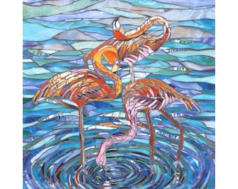 Impresión de tres flamencos - Impresión giclée de edición limitada de Original Mosaic Art - Pink Flamingo Art Impresión de flamenco Arte mural de vitral con pájaros