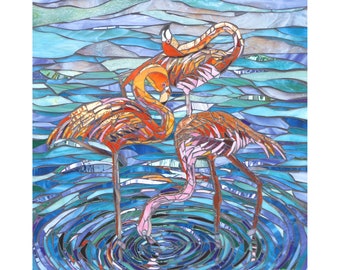 May include: Three pink flamingos stand in a blue mosaic pool of water. The flamingos are made of glass and have a textured, mosaic appearance. The water is depicted with a swirling pattern.