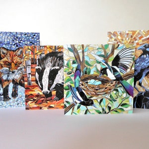 Conjunto de 4 cartas 'Bad Boys' da Mosaic Art - Cartas ecológicas - Carta de raposa - Carta de texugo - Carta de pega - Carta de corvo - Cartas de vida selvagem mista