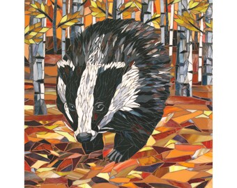 Badger Giclee Print - Mosaic Badger Art Print - Rustling Leaves Print - Woodland Print - Autumn Art