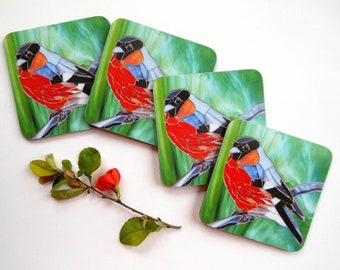 COASTER SET of 4 Bullfinch Coasters - Mosaic Art - Cork Backed Coaster - Coaster of Bullfinch Art - Housewarming gift - Bullfinch Gift