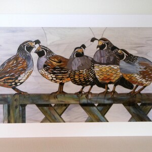 May include: A group of five brown, gray, and white quail birds perched on a wooden fence. The birds are facing different directions and have detailed markings on their feathers.