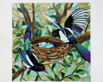 Magpies Mini Print - Magpie Print from Original Stained Glass Mosaic Art - Magpie Art - Magpie Giclee Print - Bird Art - Two For Joy Print