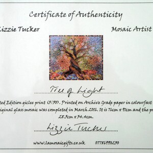 May include: Certificate of Authenticity for a limited edition giclee print of a colourful mosaic artwork titled "Tree of Light" by Lizzie Tucker. The print is 28.5cm by 34.4cm and is numbered 5/50.