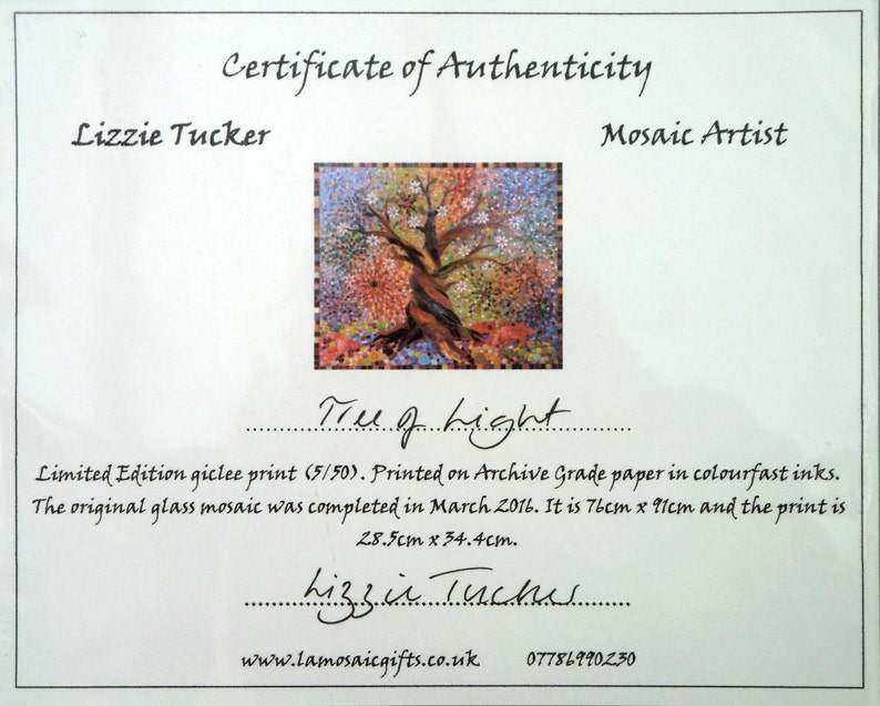 May include: Certificate of Authenticity for a limited edition giclee print of a colourful mosaic artwork titled "Tree of Light" by Lizzie Tucker. The print is 28.5cm by 34.4cm and is numbered 5/50.