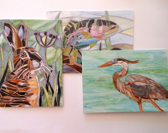 Three Nature Cards - Set of 3 Cards - Rainbow Trout Card - Hare Card - Blue Heron Card - From Original Mosaic Art - Eco-Friendly Cards