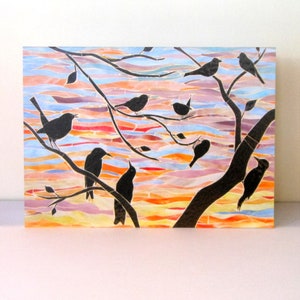 Tarjeta del coro del amanecer (II) del mosaico de vidrio original de siluetas de pájaros al amanecer - Tarjeta ecológica - Tarjeta del amanecer - Tarjeta de pájaros - Tarjeta del amanecer