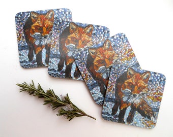 COASTER SET of 4 Homeward Bound Fox Coasters - Mosaic Art - Fox Art - Housewarming Gift - Fox Gift for Him - Fox Coaster