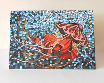 Tarjeta de medusas - Tarjeta de notas de medusas - Tarjeta de mosaico ecológico - Tarjeta de vida marina - Arte submarino