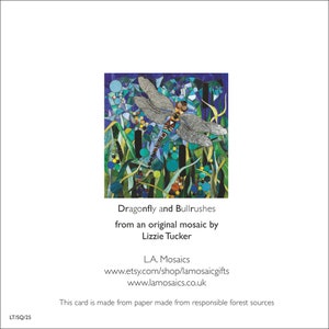 K&ouml;nnte beinhalten: Ein Mosaik-Kunstwerk, das eine Libelle mit silbernen Fl&uuml;geln und einem gelben und schwarzen K&ouml;rper zeigt, umgeben von gr&uuml;nen und blauen Binsen. Das Kunstwerk tr&auml;gt den Titel "Dragonfly and Bullrushes" und stammt von Lizzie Tucker.