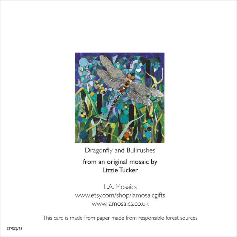 K&ouml;nnte beinhalten: Ein Mosaik-Kunstwerk, das eine Libelle mit silbernen Fl&uuml;geln und einem gelben und schwarzen K&ouml;rper zeigt, umgeben von gr&uuml;nen und blauen Binsen. Das Kunstwerk tr&auml;gt den Titel "Dragonfly and Bullrushes" und stammt von Lizzie Tucker.