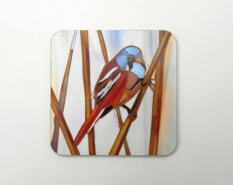 Bearded Tit Coaster - Nature Inspired Housewarming Gift - Rustic Home Decor - Charming Bird Art