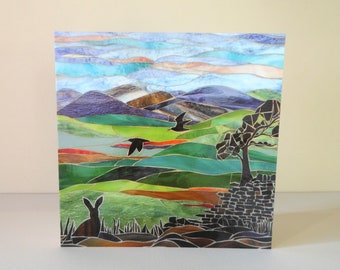 Peak District Card - Pennines Landscape Card - Glass Mosaic Art - Abstract Landscape Card - Pennines Art - Hare Card - Eco-Friendly Card