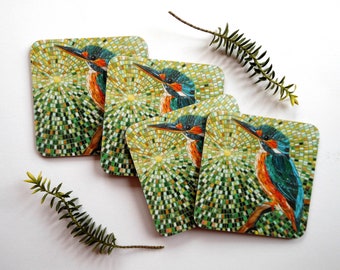 COASTER SET of 4 Kingfisher Coasters - Mosaic Art - Cork Backed Coaster - Coaster of Kingfisher Art - Housewarming gift - Kingfisher Gift
