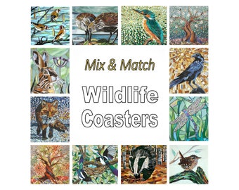 ANY 6 COASTERS Wildlife Coasters Set of 6 from Original Mosaic Art - Housewarming Gift - Rustic Coasters - Modern Coasters - Nature Coasters