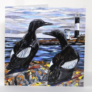Carte Guillemots noirs - Carte écologique d'oiseaux en mosaïque de vitrail - Carte phare - Art de la mosaïque