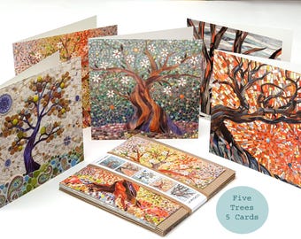 Stained Glass Mosaic Tree Cards - Eco-Friendly Greetings, Set of 5 Wildlife Cards