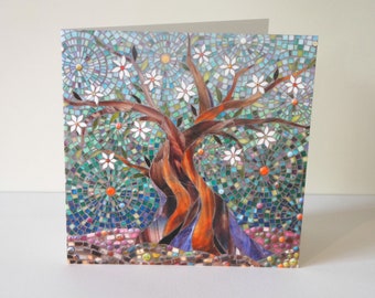 Blue Tree of Life Card  - Eco Friendly Card - Mosaic Tree of Life Print - Tree Art Card - Stained Glass Tree - Spiritual Card- Mosaic Art