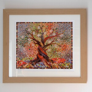 May include: A framed mosaic artwork depicting a tree with a twisted trunk and branches, surrounded by colourful flowers and leaves. The artwork is titled "Tree of Life" and signed by the artist.
