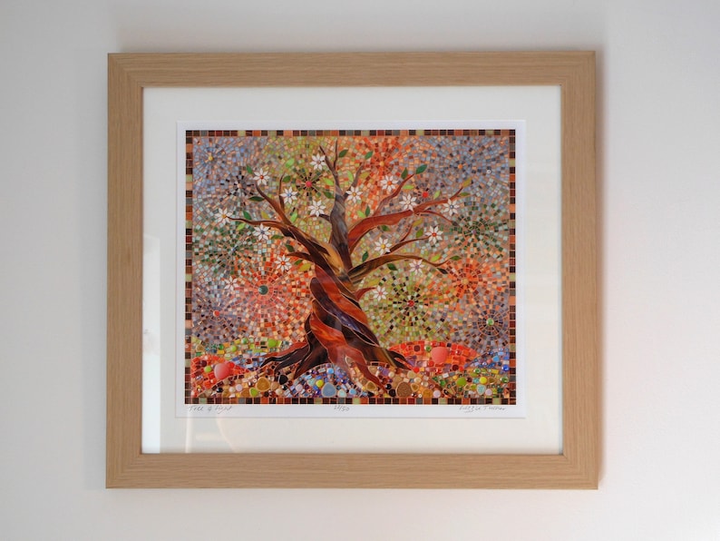 May include: A framed mosaic artwork depicting a tree with a twisted trunk and branches, surrounded by colourful flowers and leaves. The artwork is titled "Tree of Life" and signed by the artist.