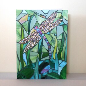 May include: A mosaic art piece depicting a dragonfly with pink, yellow, and blue accents, surrounded by green foliage.