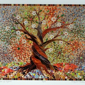 May include: A mosaic artwork depicting a stylised tree with white flowers and a brown trunk. The background is a colourful mosaic of circles in shades of blue, green, red, and orange. The artwork is titled "Tree of Light" and signed "Lizzy Tucker".