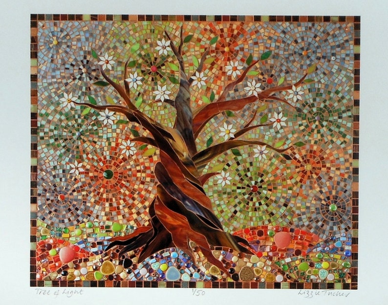 May include: A mosaic artwork depicting a stylised tree with white flowers and a brown trunk. The background is a colourful mosaic of circles in shades of blue, green, red, and orange. The artwork is titled "Tree of Light" and signed "Lizzy Tucker".