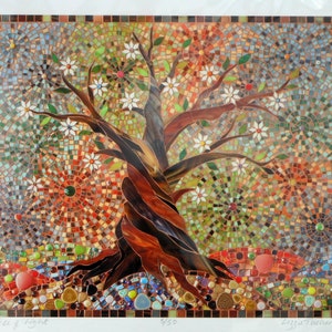 May include: A mosaic artwork depicting a stylised tree with white flowers and a brown trunk. The background is a colourful mosaic of red, orange, green, and blue tiles.