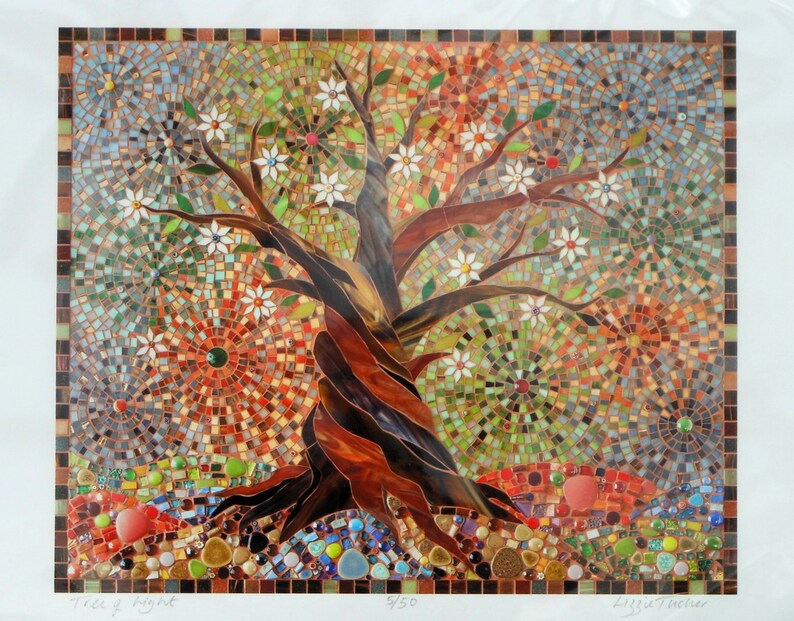 May include: A mosaic artwork depicting a stylised tree with white flowers and a brown trunk. The background is a colourful mosaic of red, orange, green, and blue tiles.