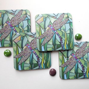 LOT de 4 sous-verres libellule - mosaïque d'art - art libellule - cadeau de pendaison de crémaillère - cadeau libellule pour les amoureux de la nature - sous-bocks de la faune