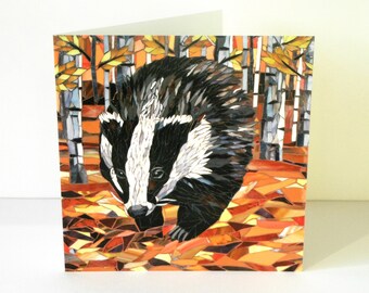 Rustling Leaves Card - Badger Card -  Autumn Card - Autumn Leaves Greetings Card - Badger Mosaic Art - Birthday Card - Badger Art - Eco Card
