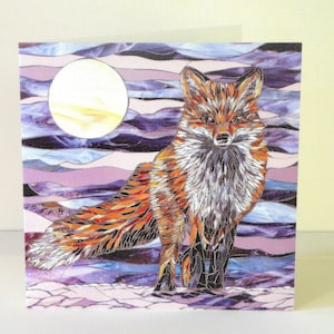 Fox by Moonlight Card - Full Moon Fox Card - Mosaic Art - Greetings Card - Fox Art - Stained Glass Fox - Mosaic Fox Painting Silver Fox Card