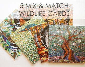 Your Choice of 5 Blank Greeting Cards - Eco-Friendly Card Set - Mosaic Art - Wildlife Card Pack - Card Collection - Birthday Card Set