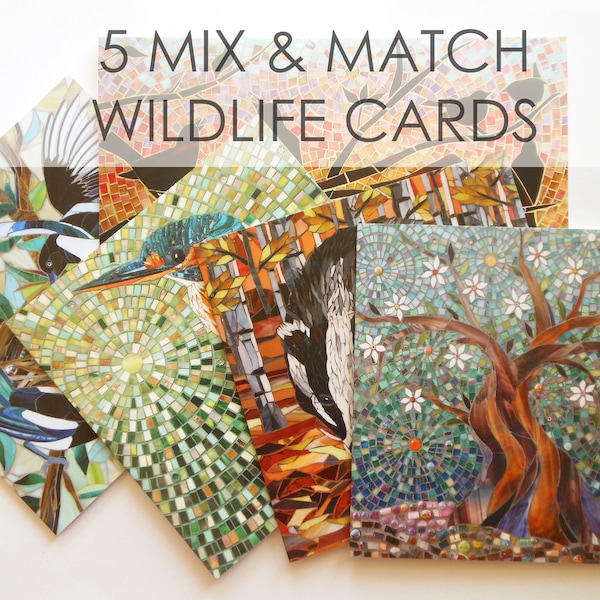 Your Choice of 5 Blank Greeting Cards - Eco-Friendly Card Set - Mosaic Art - Wildlife Card Pack - Card Collection - Birthday Card Set