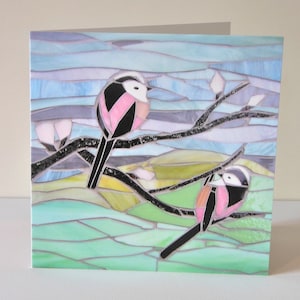 Kaart twee mezen met lange staart - Bird Watcher Card - Gebrandschilderd glas vogels - Eco-vriendelijke verjaardagskaart - Natuurkunstkaart - Tuinvogelkaart