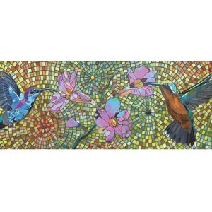Hummingbird Print -  Limited Edition Giclee Print - Mosaic Hummingbird Art  Pink Flower Print - Mosaic Flowers - Bird Print - Tropical Print