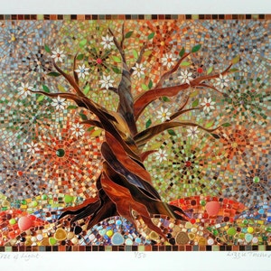 May include: A mosaic artwork depicting a stylised tree with white flowers and a brown trunk. The background is a colourful mosaic of various shapes and sizes. The artwork is titled "Tree of Light" and signed "Lizzy Thomas".