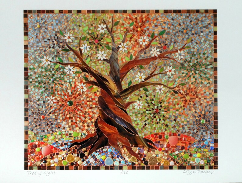 May include: A mosaic artwork depicting a stylised tree with white flowers and a brown trunk. The background is a colourful mosaic of various shapes and sizes. The artwork is titled "Tree of Light" and signed "Lizzy Thomas".
