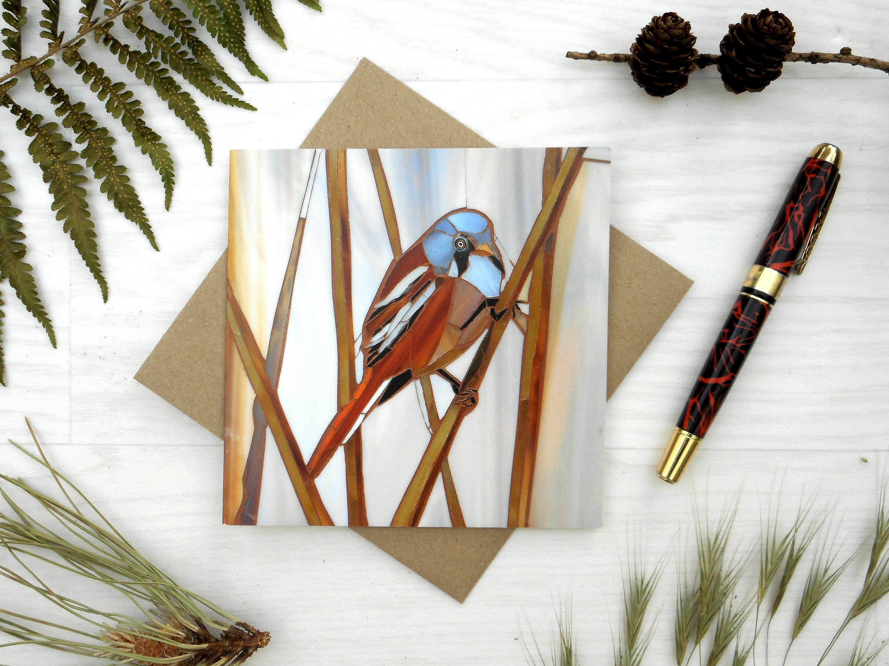 Bearded Tit Card from Original Mosaic - Eco Friendly Card - Bird Card for Bird Lover - Recycled Envelope