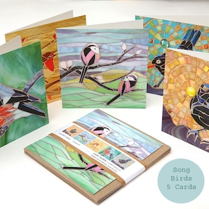 Pacote de cartões comemorativos Songbirds - Conjunto de 5 cartões de pássaros britânicos - Melro, Robin, Dom-fafe, Chapim-de-cauda-longa - Cartões ecológicos