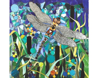 May include: A stained glass mosaic depicting a dragonfly with silver wings, surrounded by green reeds and blue and yellow glass beads.